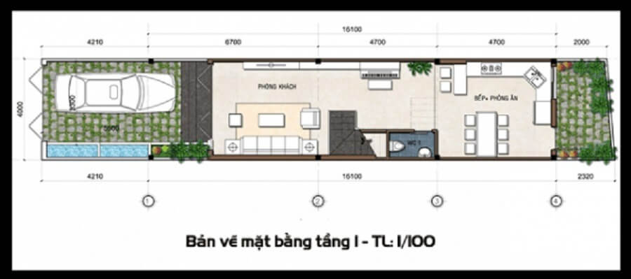 Bản vẽ tầng 1 thiết kế nhà ống 2 tầng 5x16m