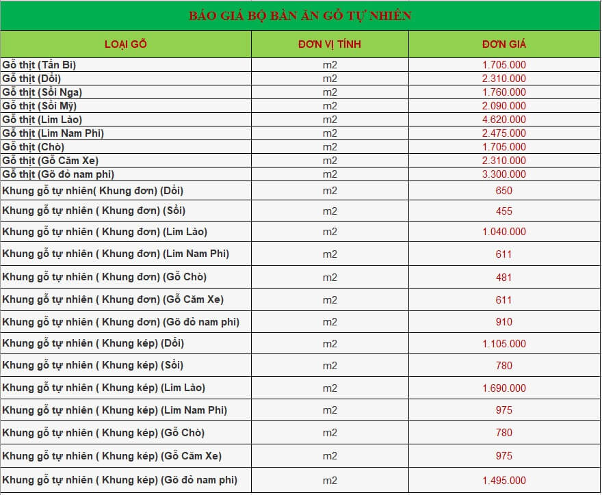 Báo giá bàn ăn gỗ tự nhiên