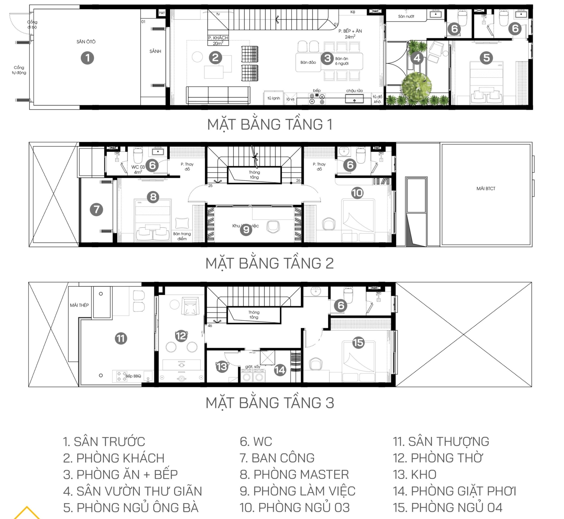 Công năng nhà đẹp 3 tầng 5x24m tiện nghi cho gia đình
