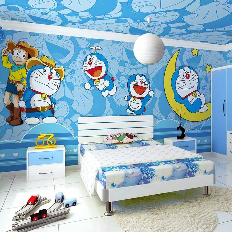 Giấy dán tường phòng ngủ Doremon màu xanh nổi bật