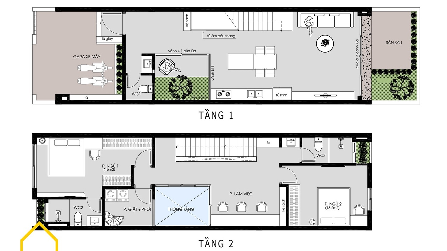 Mặt bằng công năng chi tiết của nhà ống 5x20m 2 tầng