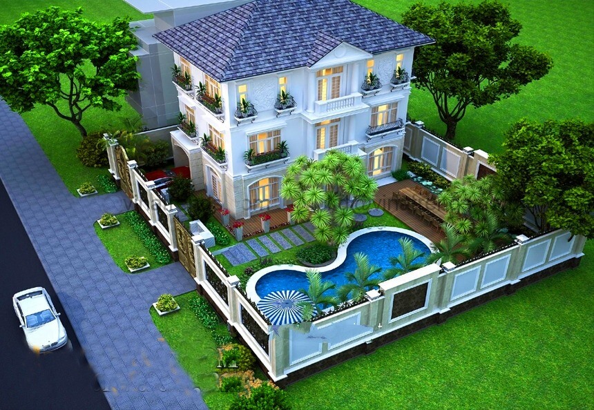 Mẫu nhà 3 tầng mái Nhật hiện đại với hồ bơi