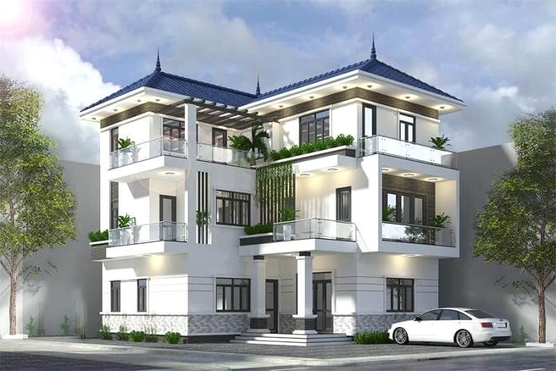 Mẫu nhà chữ L 3 tầng mái Nhật