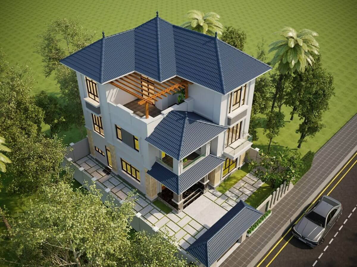 Mẫu nhà mái Nhật 3 tầng phong cách tối giản