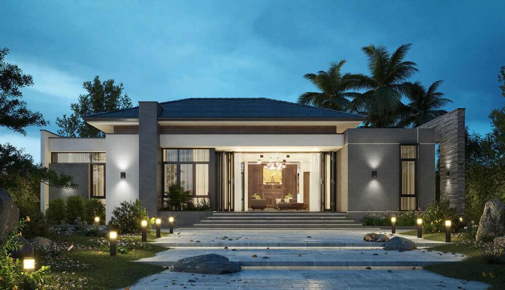 Mẫu nhà ngang 8m 1 tầng phong cách tân cổ điển quý phái 1