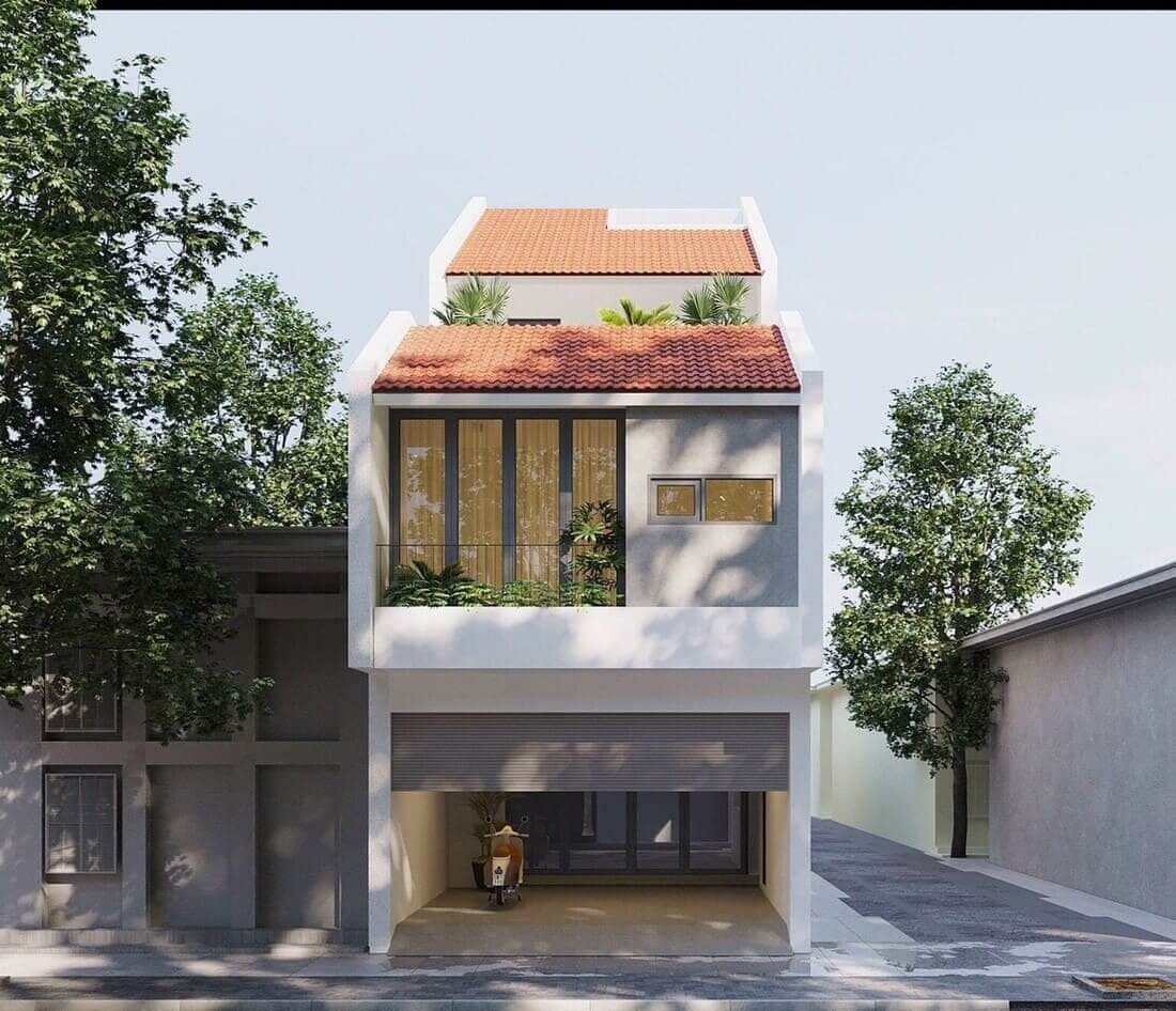 Mẫu nhà ống hai tầng mái ngói đơn giản, truyền thống