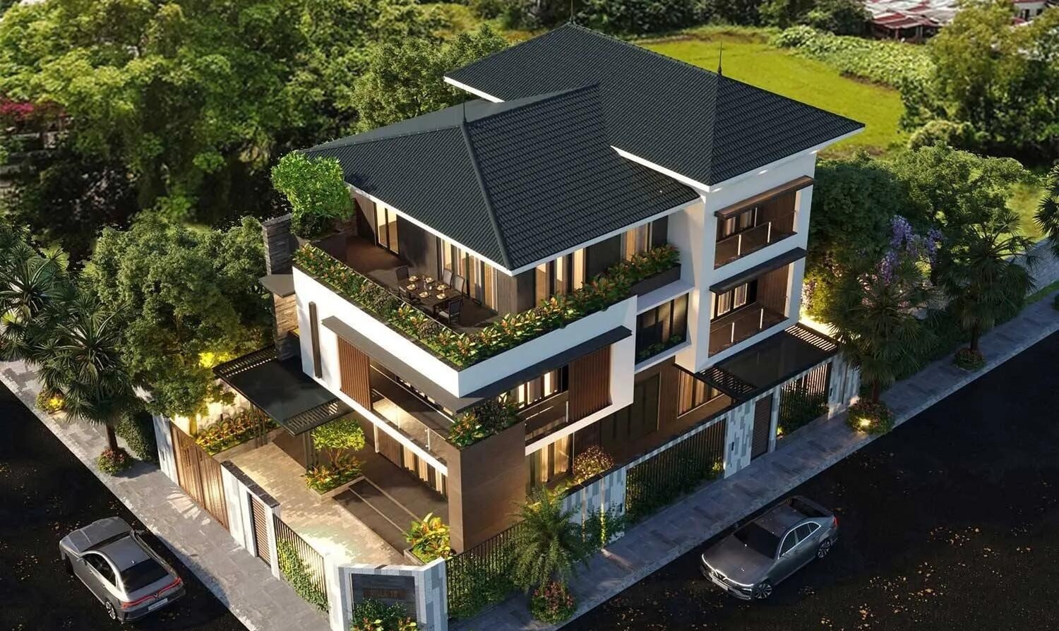 Mẫu nhà vườn mái Nhật 3 tầng