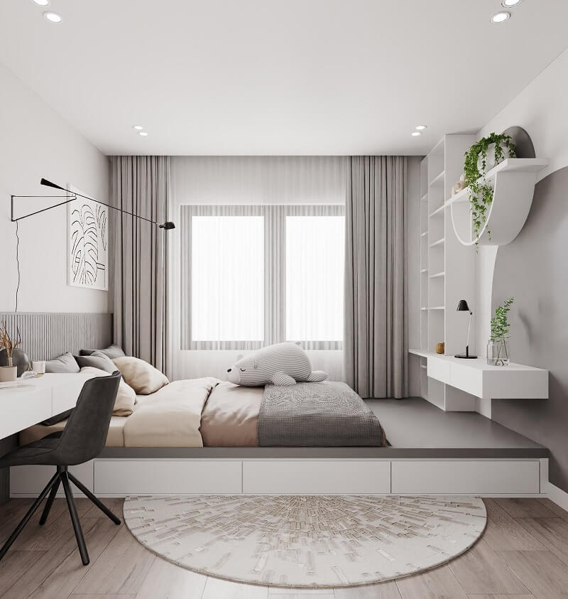 Mẫu phòng ngủ nhỏ với tông màu trắng sáng