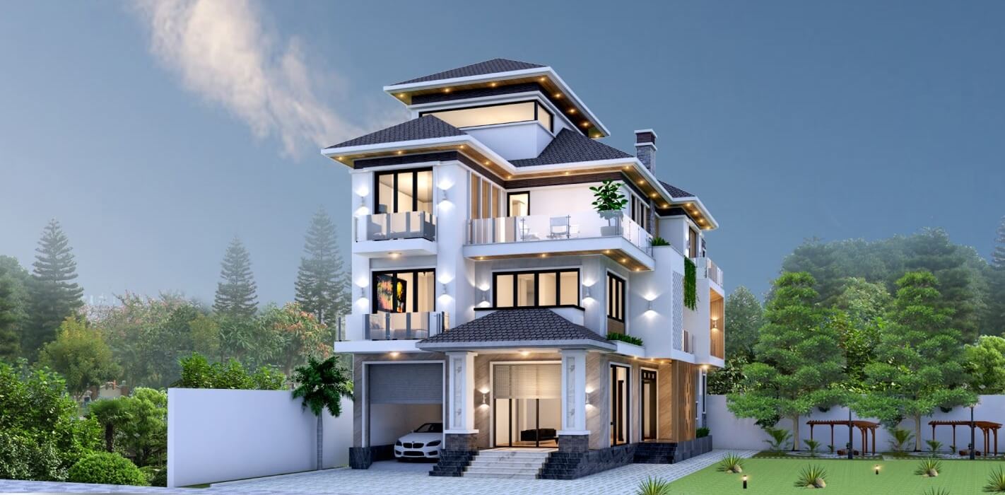 Mẫu thiết kế nhà mái Nhật 3 tầng có gara 1