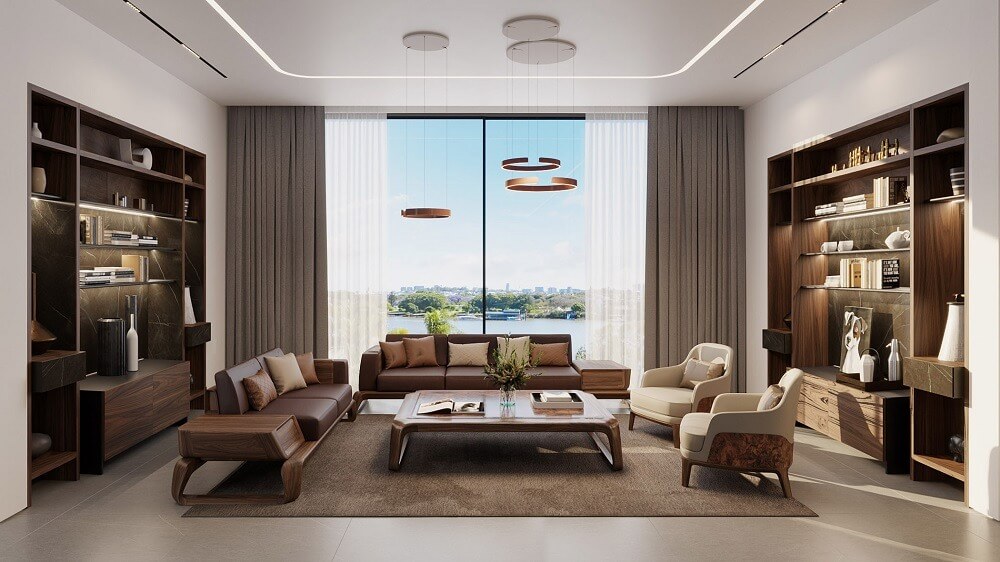Mẫu thiết kế nội thất căn hộ gỗ tự nhiên óc chó đẹp mẫu 2