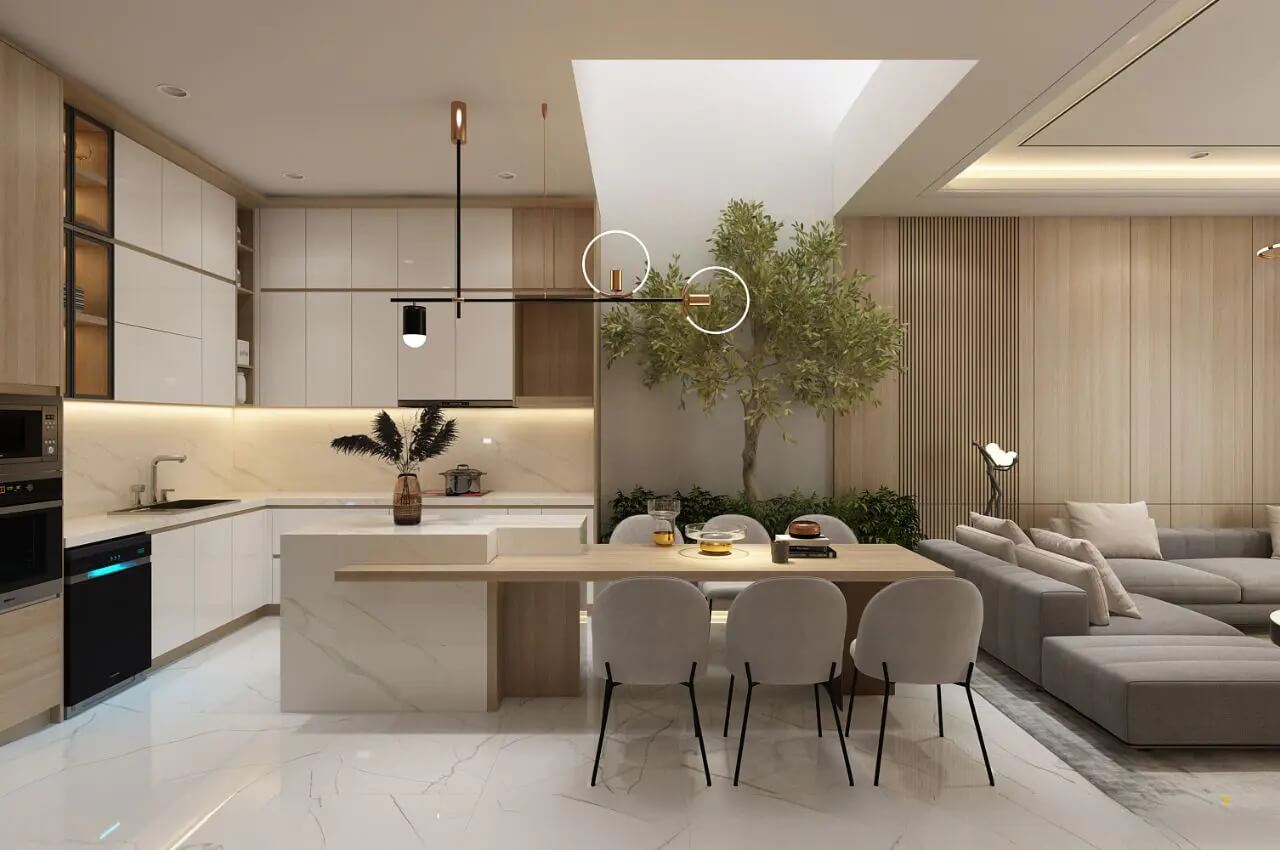 Mẫu thiết kế nội thất chung cư 77m² liên thông phòng khách và bếp 3