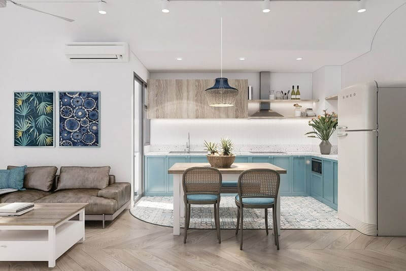 Mẫu thiết kế nội thất chung cư 77m² liên thông phòng khách và bếp