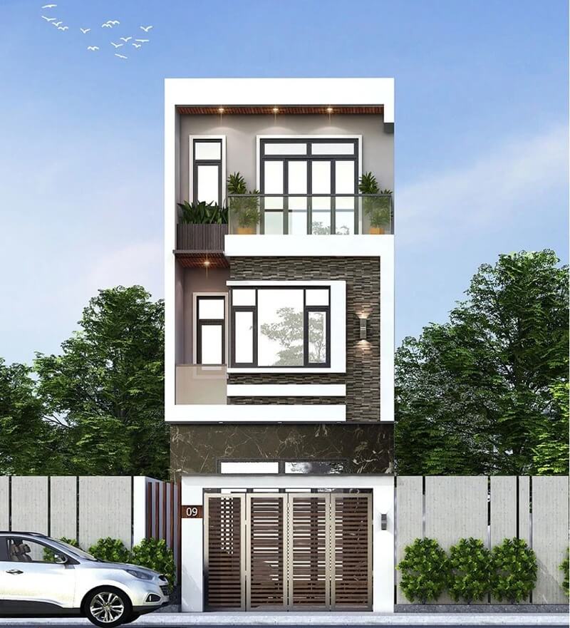 Sử dụng đa dạng chất liệu hiện đại để làm nổi bật căn nhà 3 tầng