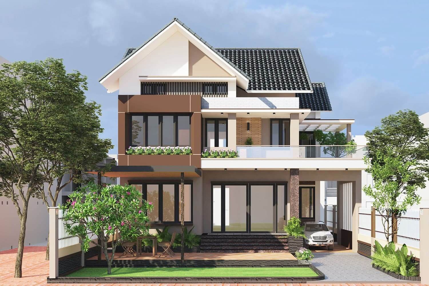 Thiết kế nhà ngang 6m dài 20m 2 tầng mái Thái