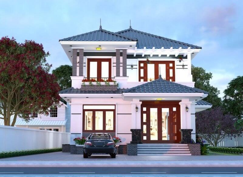 Thiết kế nhà ống 2 tầng mái ngói đẹp với 4 phòng ngủ