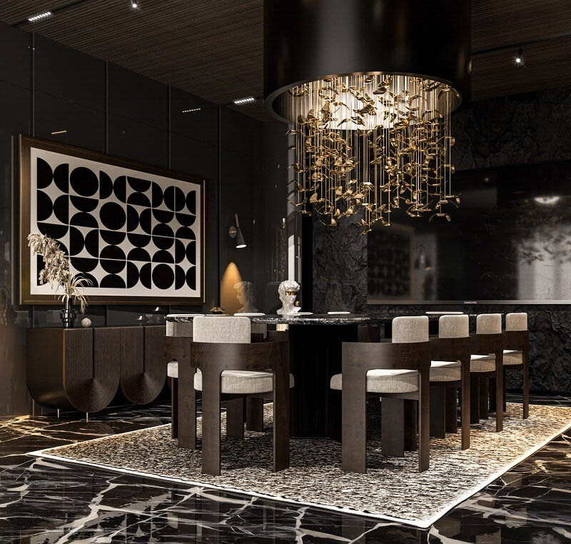 Phòng ăn sang trọng với bàn ghế gỗ sẫm màu, đèn chùm vàng và tranh nghệ thuật đen trắng trên tường.