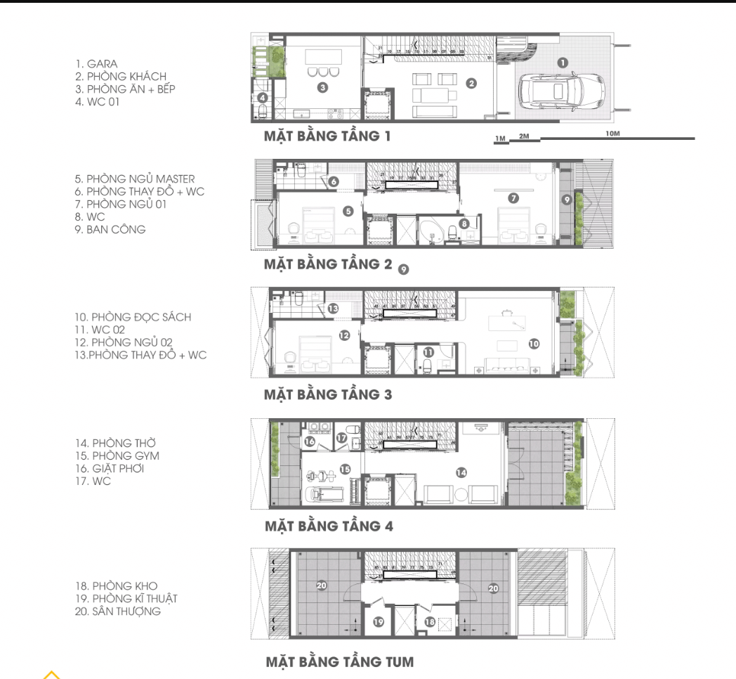 Bản vẽ mặt bằng nhà 5 tầng chi tiết với gara, phòng khách, phòng ăn, phòng ngủ, phòng thờ, ban công và sân thượng.