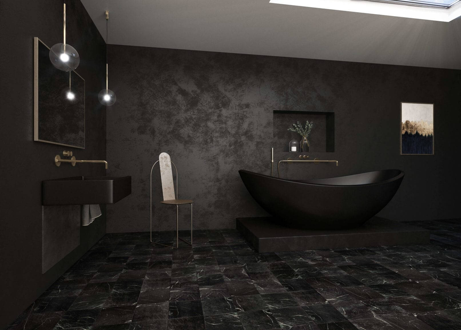 Phòng tắm hiện đại màu đen với bồn tắm sang trọng, ghế, kệ và ánh sáng từ cửa sổ trời.