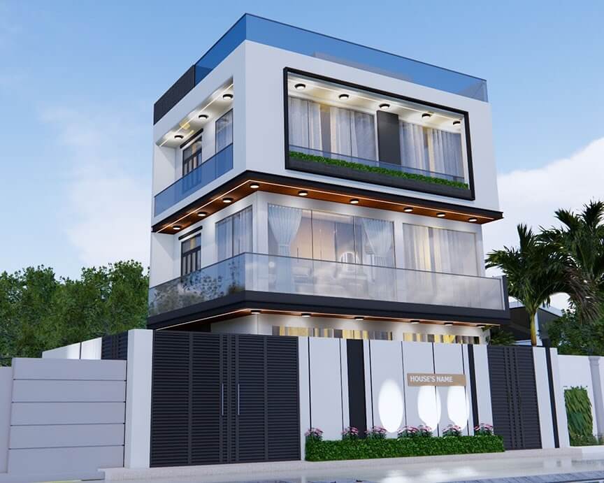 Nhà phố hiện đại ba tầng với thiết kế tối giản và cửa kính lớn ở ban công.