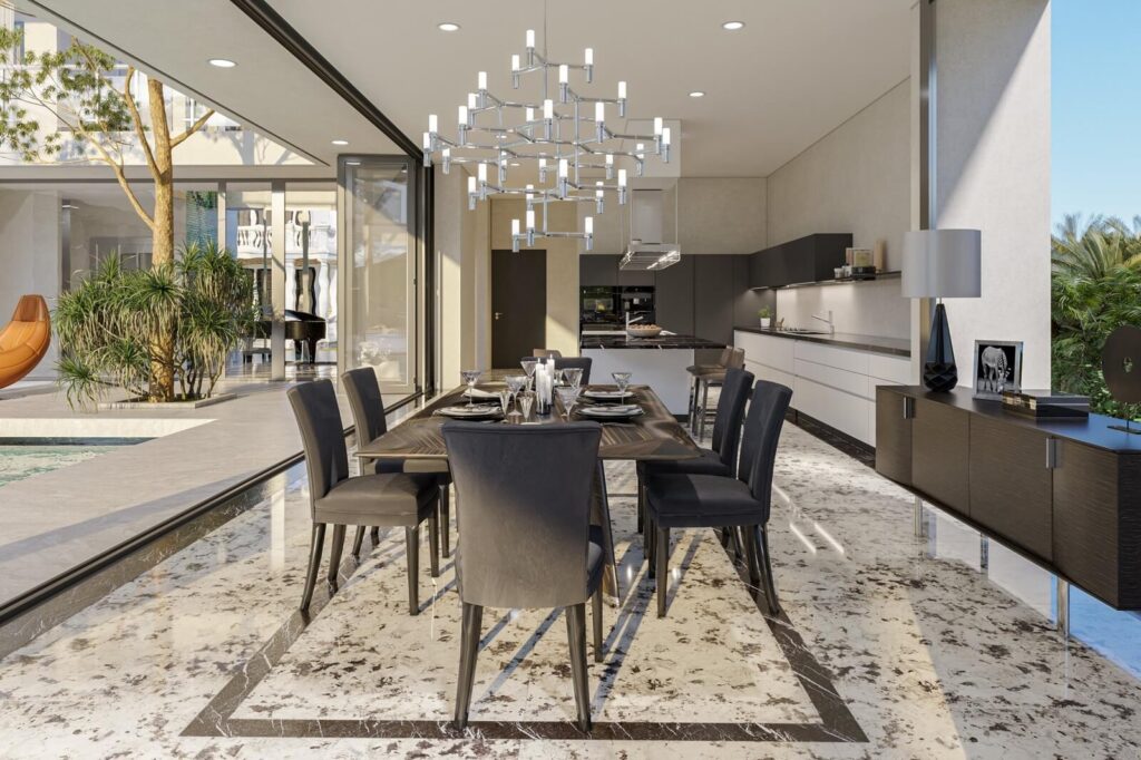 Phòng ăn hiện đại với bàn ăn gỗ, đèn trang trí kiểu dáng đẹp, cửa kính nhìn ra hồ bơi và cây xanh ngoài trời.