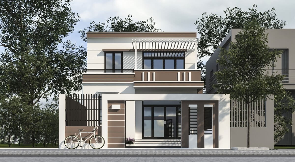 Nhà hiện đại hai tầng với xe đạp trắng trước cổng, cây cối xung quanh.