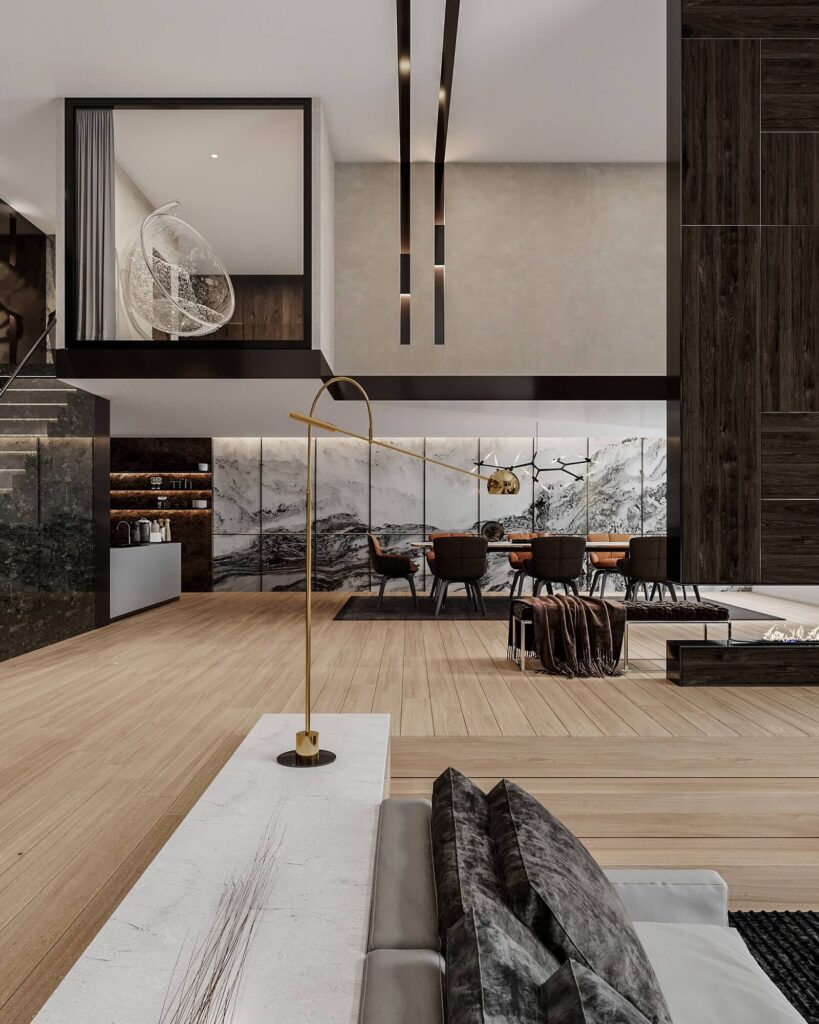 Phòng khách sang trọng với nội thất hiện đại, ghế treo trong suốt và bàn ăn phong cách tối giản.