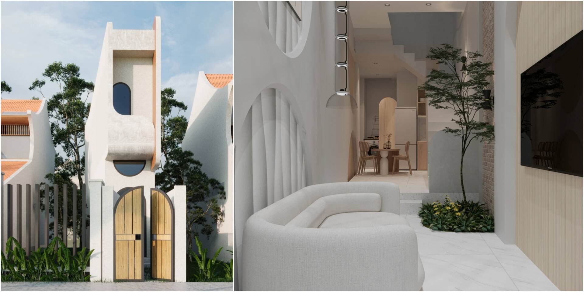 Nhà phố kiến trúc hiện đại với mặt tiền độc đáo và nội thất tối giản, tận dụng ánh sáng tự nhiên.