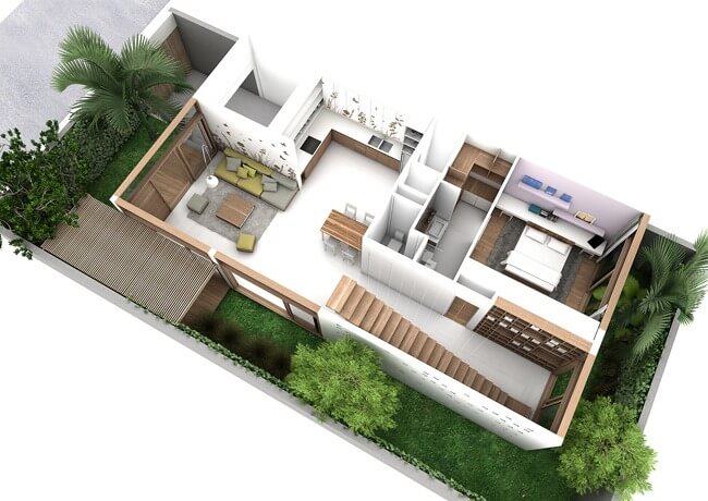 Bản vẽ 3D nhà một tầng hiện đại với phòng khách, bếp và phòng ngủ, có sân vườn xanh tươi xung quanh.