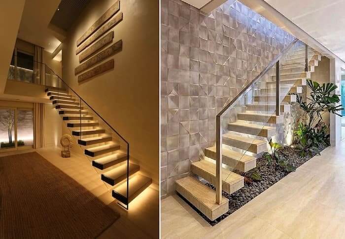 Cầu thang hiện đại với ánh sáng tích hợp, thiết kế tối giản và tường trang trí, tạo không gian sang trọng và tinh tế.