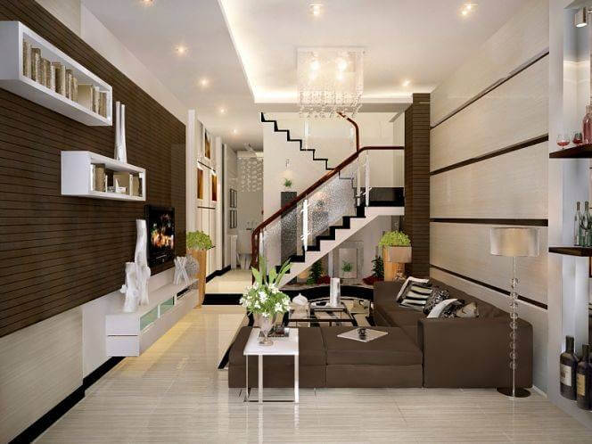 Phòng khách hiện đại với nội thất sang trọng và cầu thang xoắn; thiết kế tinh tế và ấm cúng.