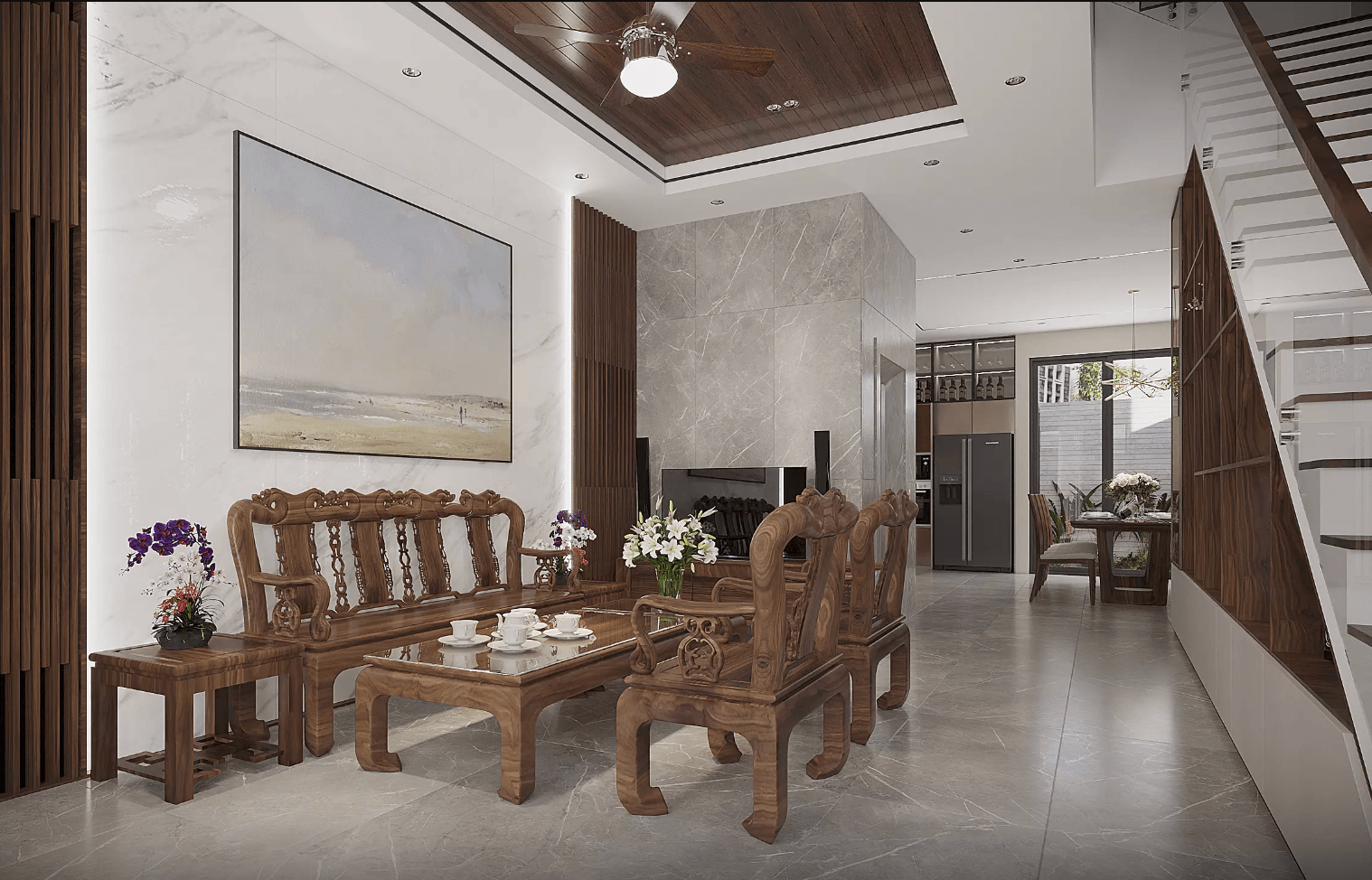 Phòng khách sang trọng với nội thất gỗ, tranh treo tường và ánh sáng tự nhiên, mang đến không gian ấm cúng.