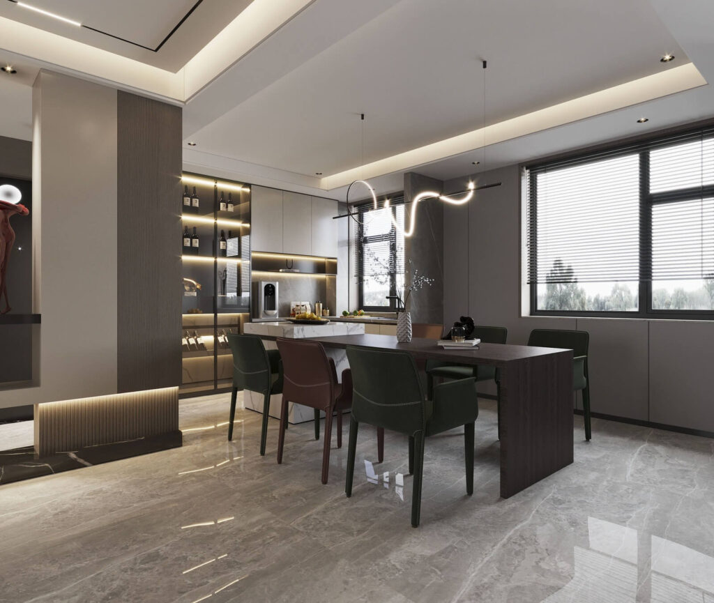 Phòng ăn nội thất hiện đại với bàn ghế gỗ và ánh sáng tự nhiên qua cửa sổ.