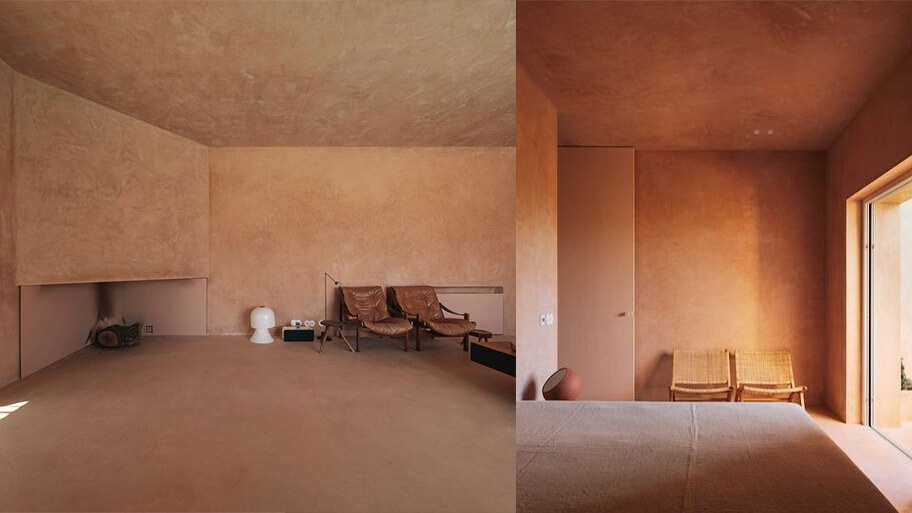 Phòng khách và phòng ngủ tối giản với tông màu đất, có ghế da và nhiều ánh sáng tự nhiên.