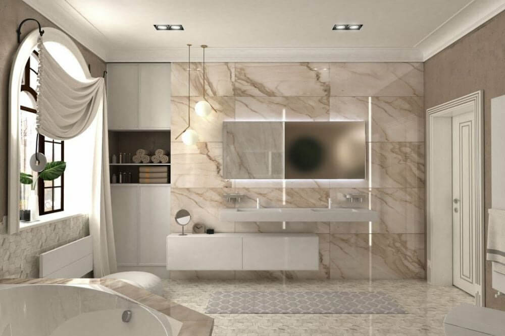 Phòng tắm sang trọng với tường đá cẩm thạch, bồn tắm, gương lớn, và ánh sáng dịu nhẹ.