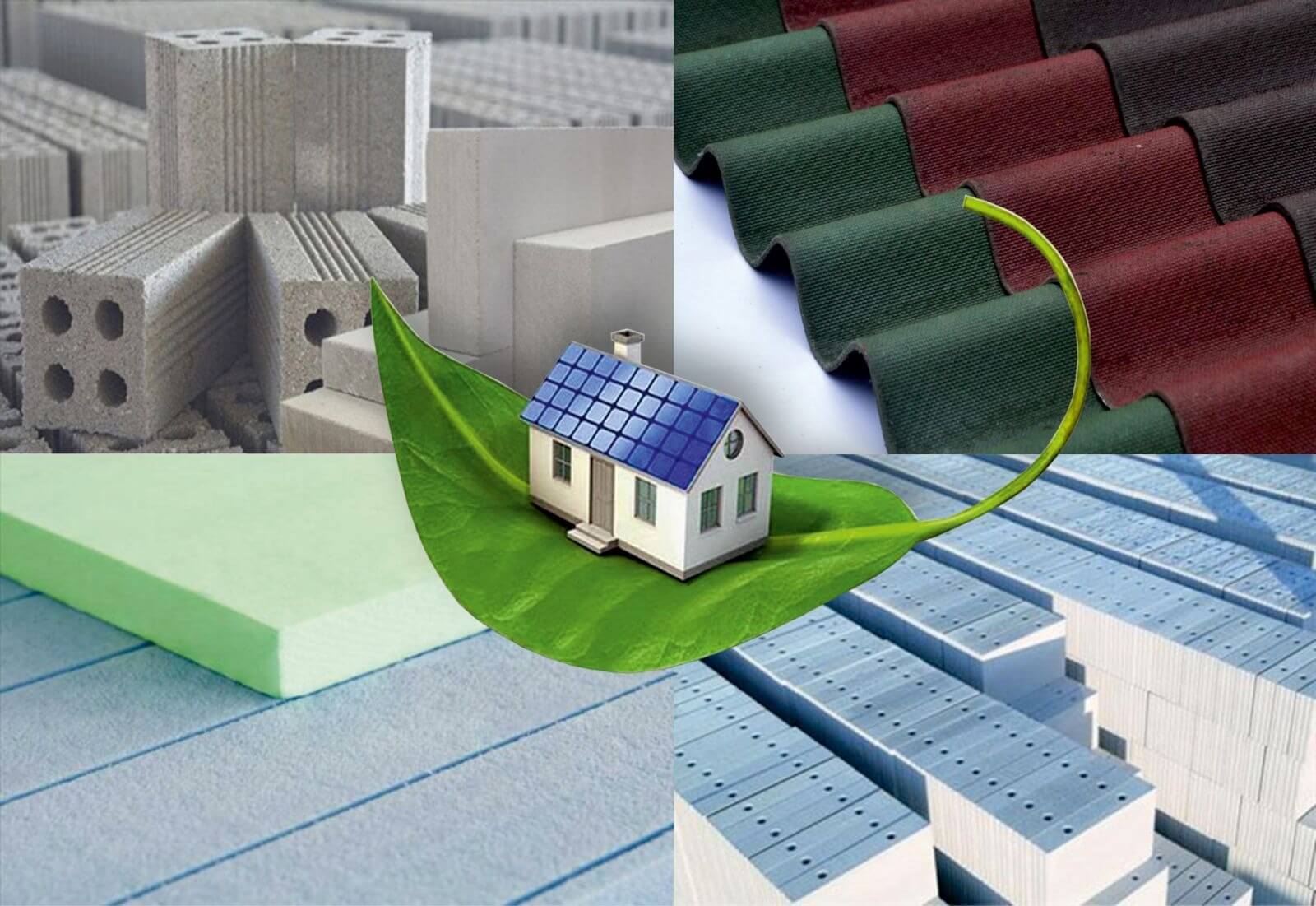 Ảnh minh họa vật liệu xây dựng và mô hình ngôi nhà bền vững trên lá xanh.