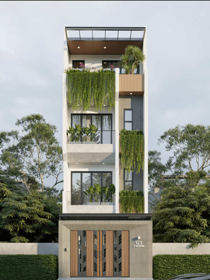 Nhà phố hiện đại 3 tầng với cây xanh trên ban công và mái, thiết kế sáng tạo, tối ưu không gian sống xanh.