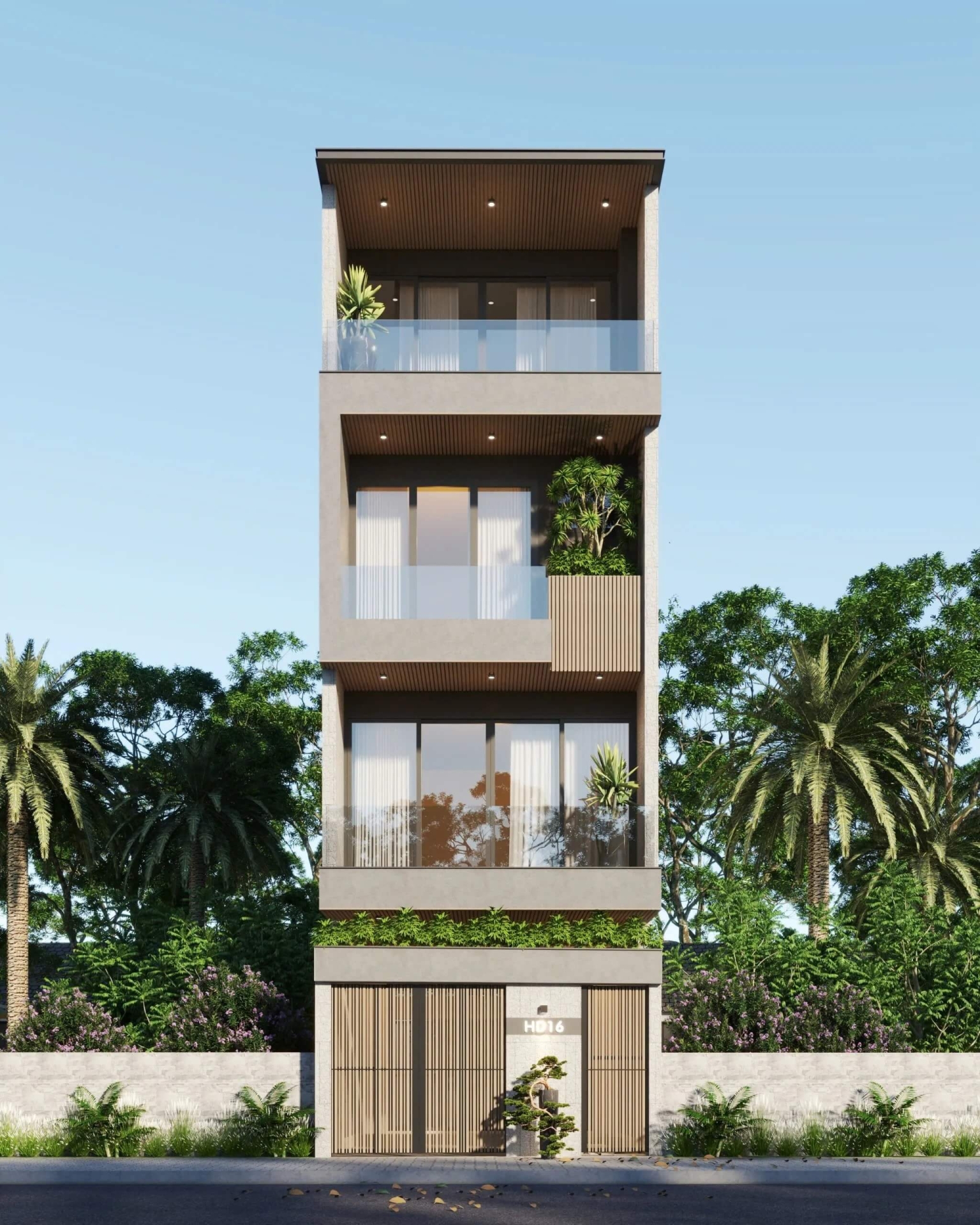 Nhà phố hiện đại 4 tầng với cây xanh bao quanh, mặt tiền kín đáo và cửa kính lớn, ánh sáng tự nhiên tràn ngập.