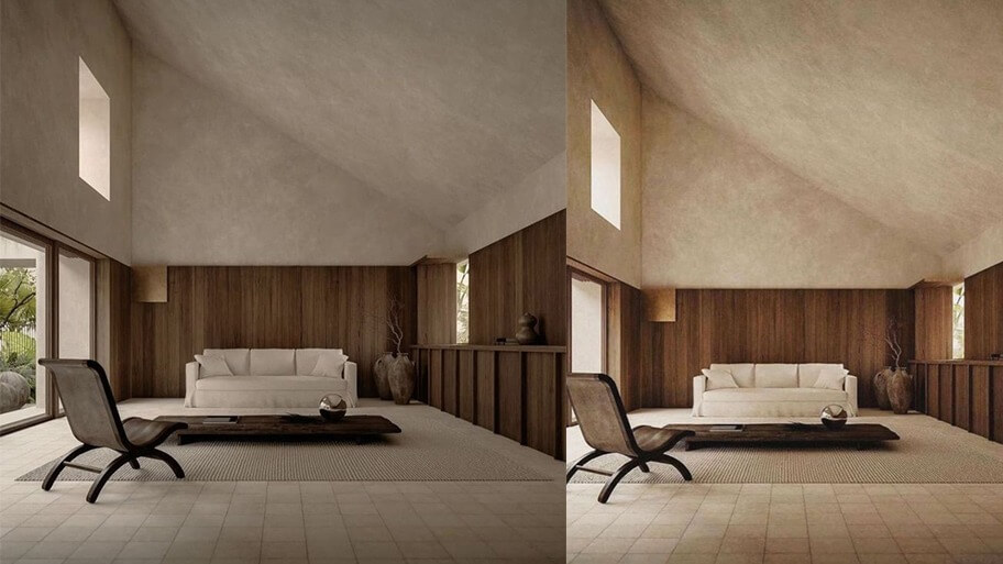 Phòng khách tối giản với sofa màu trắng, nội thất gỗ và cửa sổ lớn, tạo không gian thoáng đãng và hiện đại.