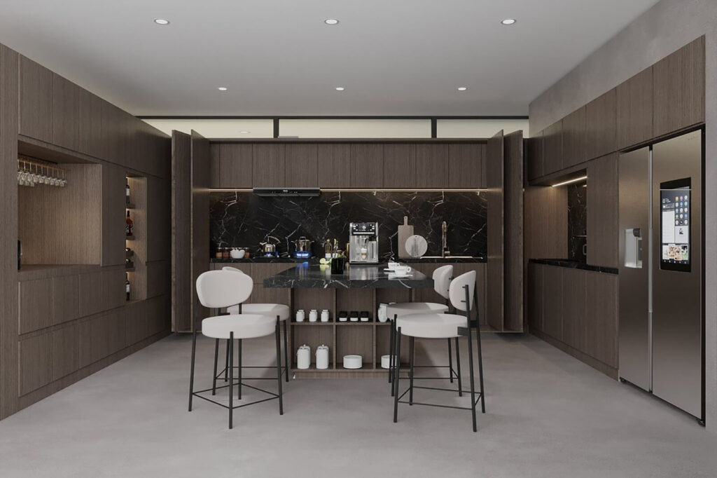 Nhà bếp hiện đại với nội thất gỗ, tủ lạnh thông minh và bàn đá đen.