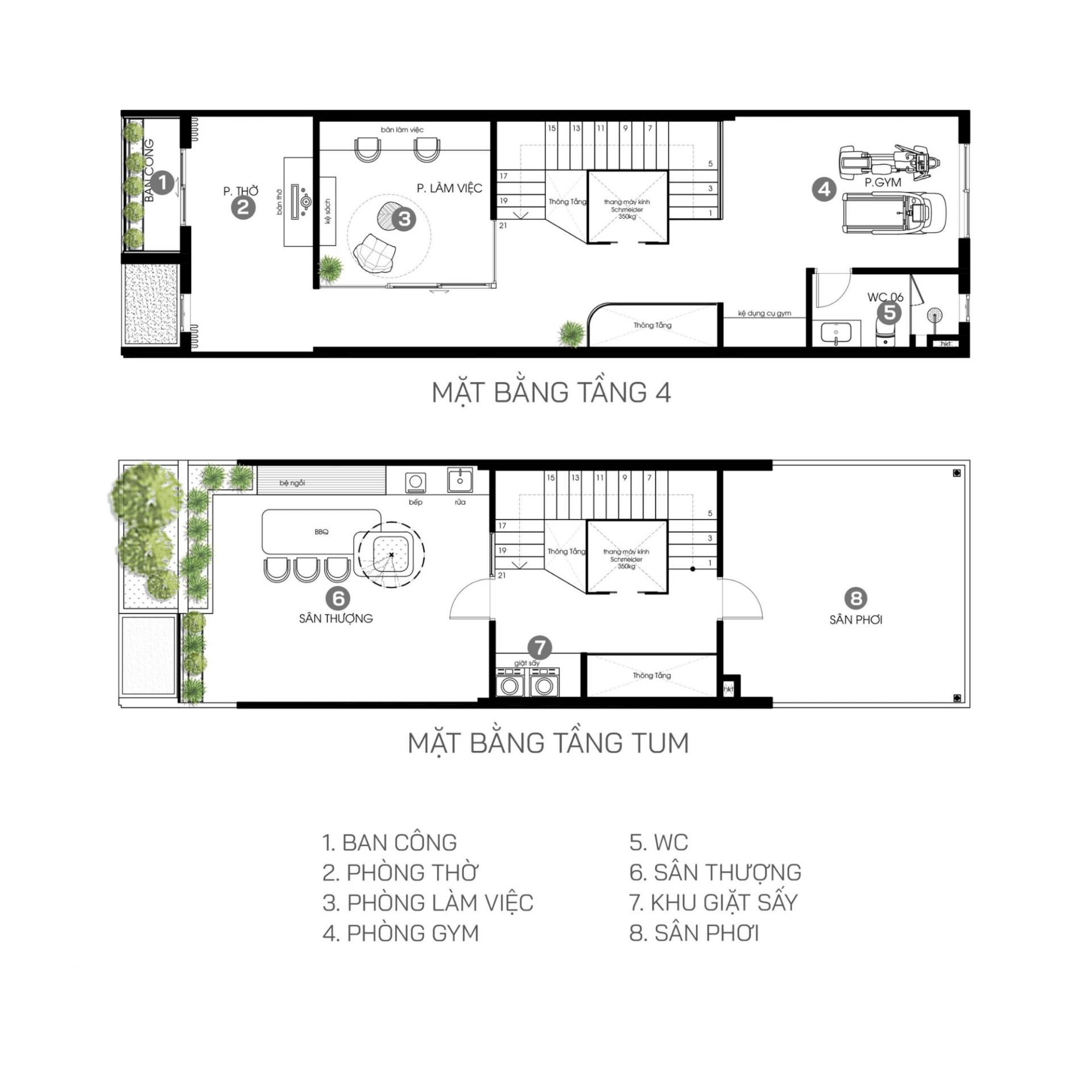 Bản vẽ mặt bằng tầng 4 và tầng tum với phòng thờ, phòng làm việc, phòng gym, WC, sân thượng, khu giặt sấy.