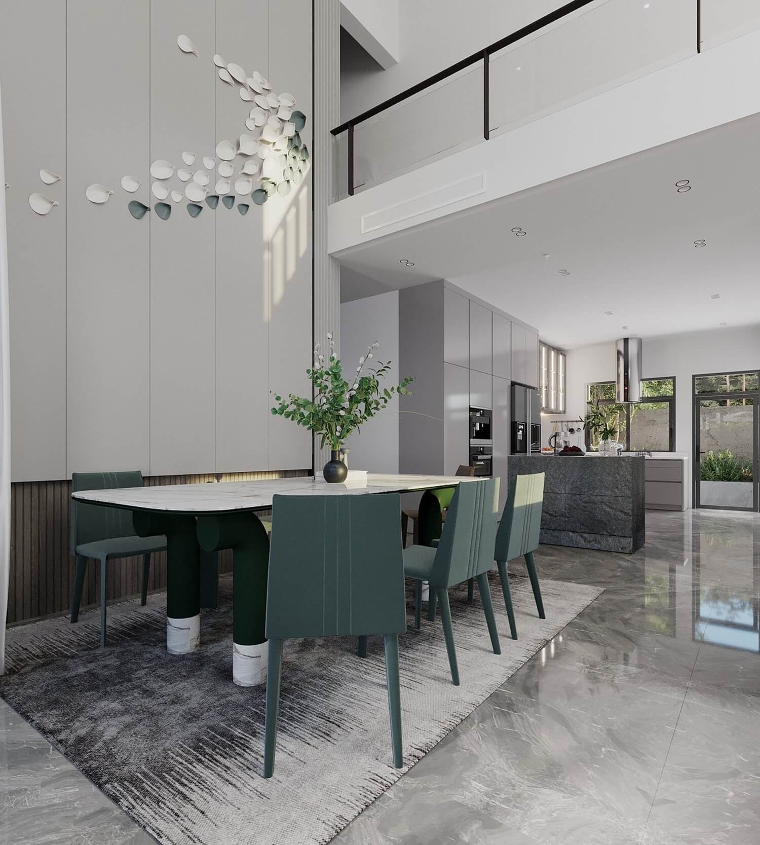 Phòng ăn hiện đại với bàn ăn và ghế xanh lá, cây trang trí trên bàn, ánh sáng tự nhiên qua cửa sổ lớn.