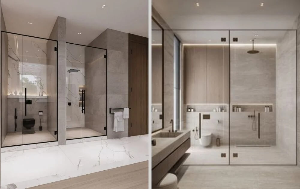 Phòng tắm hiện đại với tường và sàn đá cẩm thạch, vách kính trong suốt, vòi sen và nội thất tinh tế.