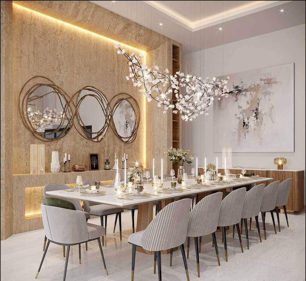 Phòng ăn sang trọng với đèn chùm hoa, bàn dài, ghế hiện đại và trang trí nghệ thuật tinh tế.