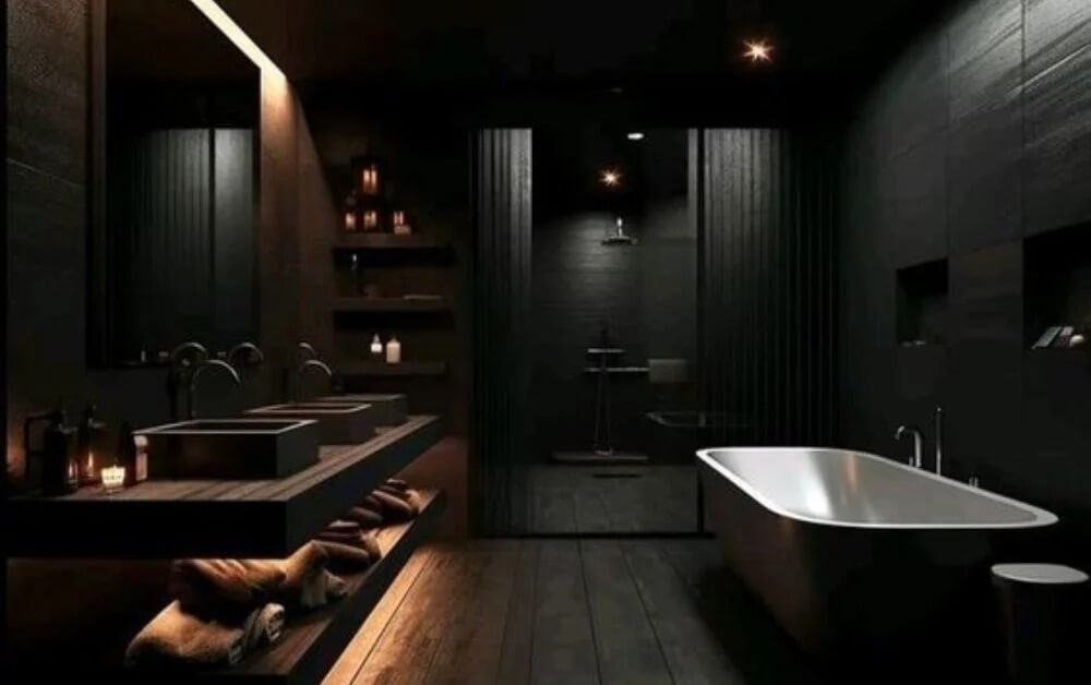 Phòng tắm phong cách tối giản với bồn tắm hiện đại và ánh sáng ấm áp.