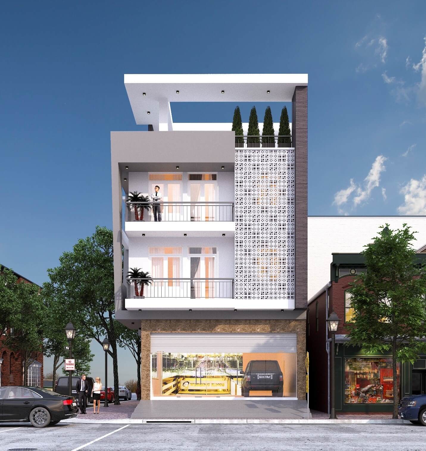 Tòa nhà hiện đại ba tầng với ban công, cây xanh và cửa hàng dưới tầng trệt.