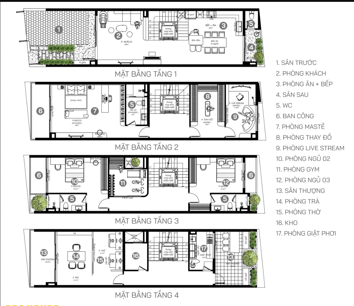 Bản vẽ chi tiết các tầng của ngôi nhà với các phòng chức năng như phòng khách, phòng bếp, phòng ngủ, phòng gym.