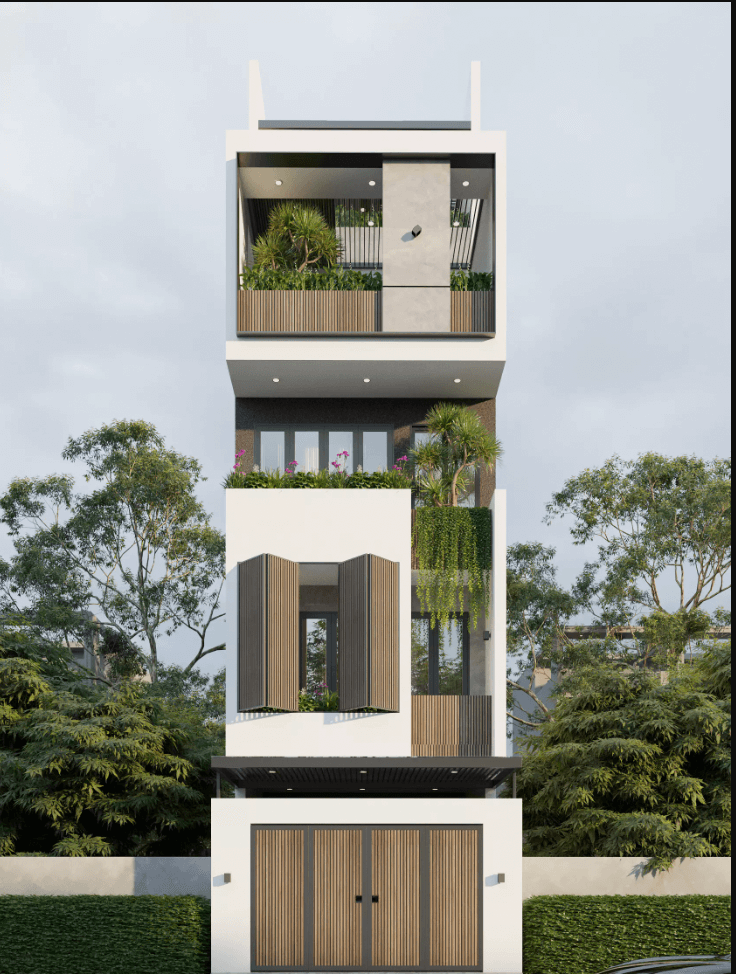 Nhà phố 3 tầng hiện đại với cây xanh trang trí ban công, tường gỗ và thiết kế tối giản, hòa mình với thiên nhiên.