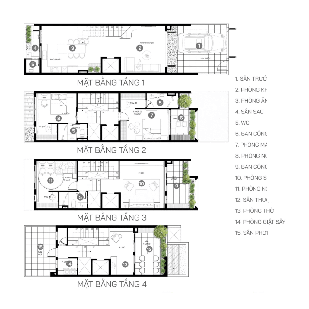 Bản vẽ thiết kế mặt bằng nhà 4 tầng chi tiết với các phòng chức năng như phòng khách, bếp, phòng ngủ, WC.