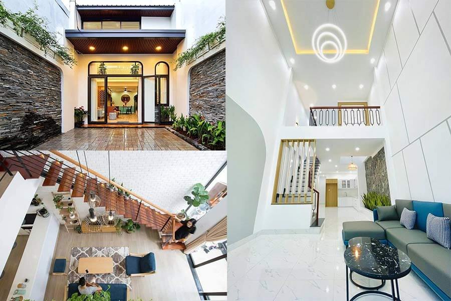 Ngôi nhà hiện đại với nội thất sang trọng, thiết kế không gian mở, tường trắng, và cầu thang gỗ độc đáo.