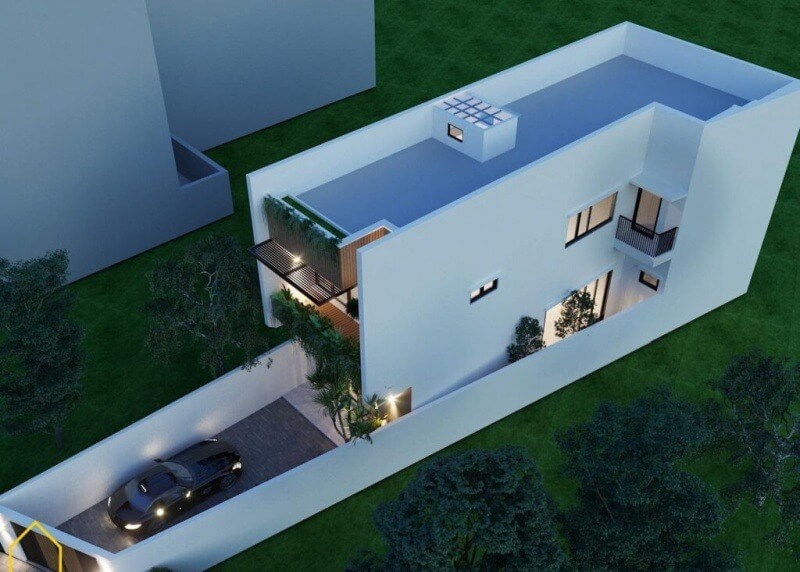 Nhà hiện đại hai tầng với sân thượng và garage ô tô, bố trí sang trọng vào buổi tối.